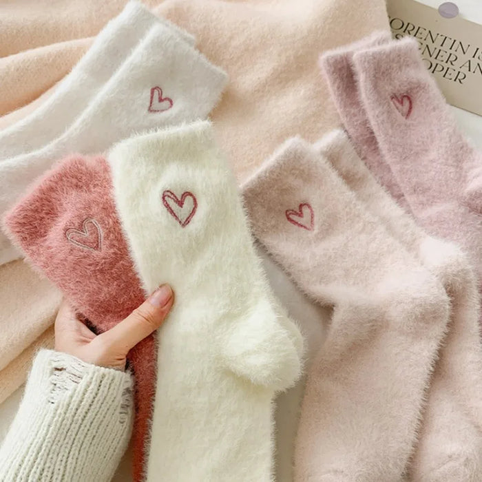 thickened-middle-tube-socks-mink-fur-pink-embroidered-heart-shaped-women-autumn-winter-warm-sleep-home-solid-color-plush-sock