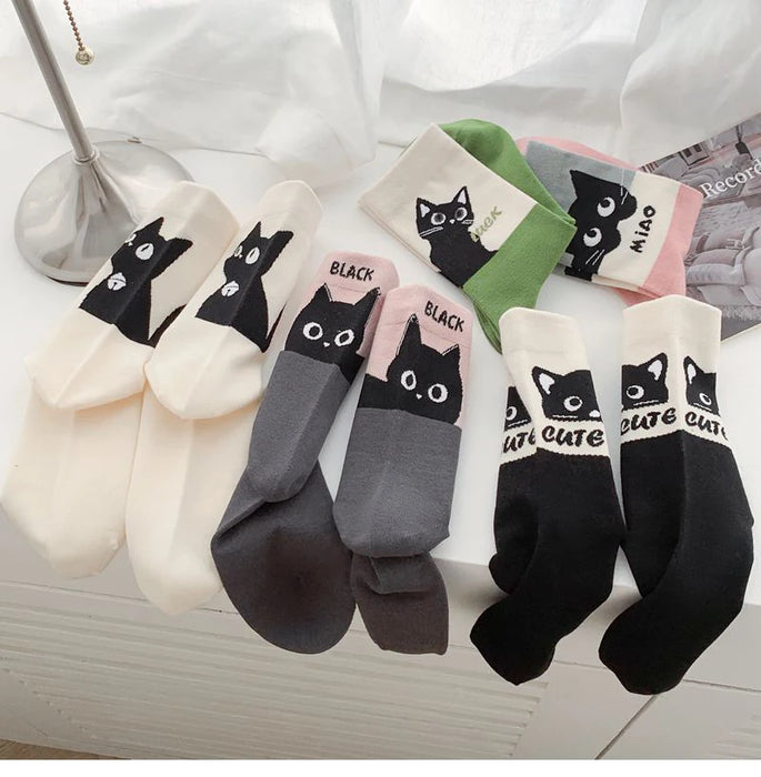 Fashion Cat Cartoon Socks, Breathable Long Causal