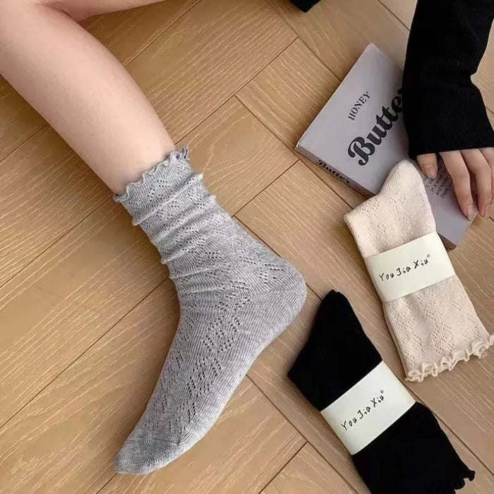 1-3pairs-hollow-socks-women-solid-color-sweet-mesh-mid-tube-stockings-girls-spring-summer-breathable-cotton-lace-roll-edge-socks