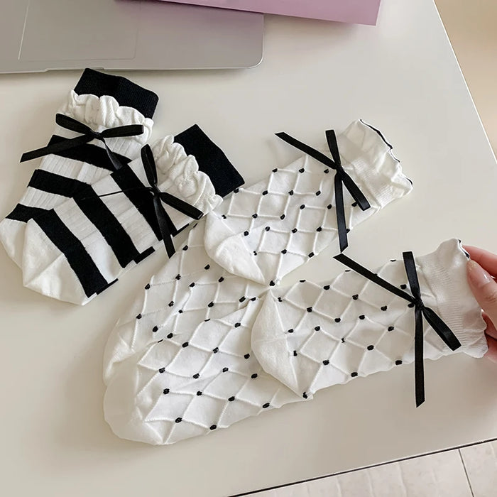 Trendy Sweet Crew Socks Bow Striped