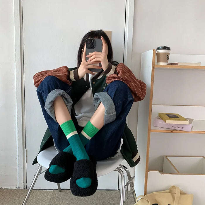Contrast coloured socks, women's high top pile up socks