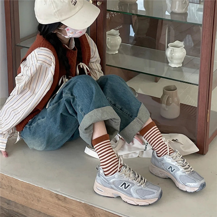 Striped Cotton Socks Women’s Breathable Middle Tube Socks