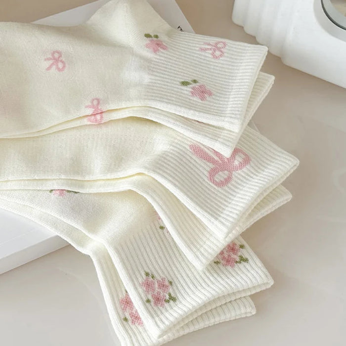 5/10 Pairs Women Bow Print Mid Tube Socks