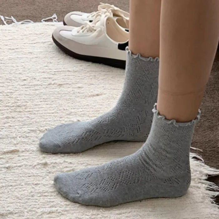 1-3pairs-hollow-socks-women-solid-color-sweet-mesh-mid-tube-stockings-girls-spring-summer-breathable-cotton-lace-roll-edge-socks