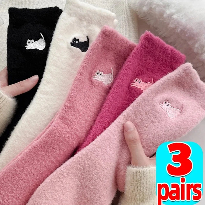 1/3P Cute Cat Mink Fleece Super Soft Socks for Women