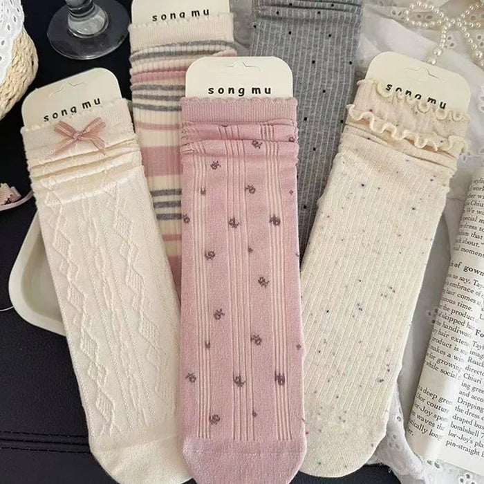 1/5 Pairs Women Flower Edge Bow Mid Tube Socks
