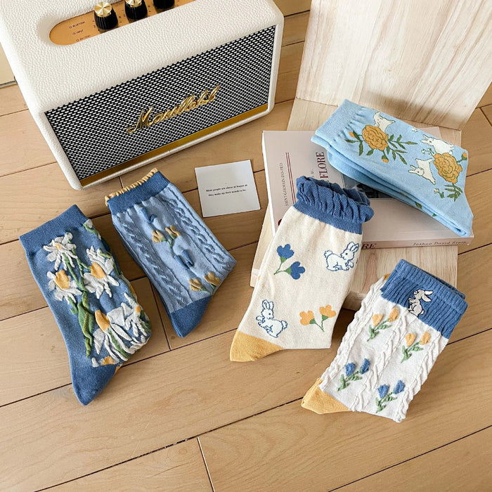 Blue Women Cartoon Print  Socks