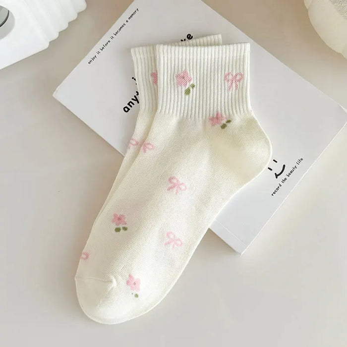 5/10 Pairs Women Bow Print Mid Tube Socks