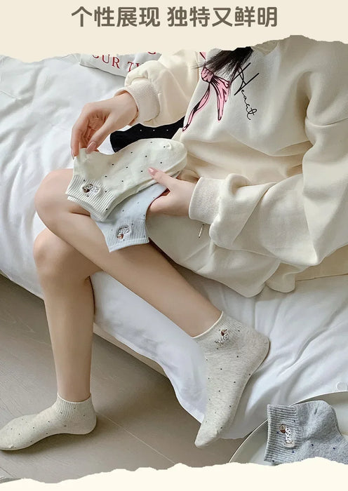 womens-socks-cartoon-dog-embroidery-short-socks-spring-summer-thin-cute-cotton-socks-boneless-sweat-absorbing-wave-point-socks