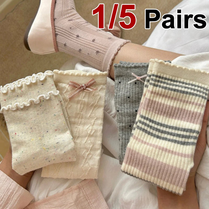 1/5 Pairs Women Flower Edge Bow Mid Tube Socks