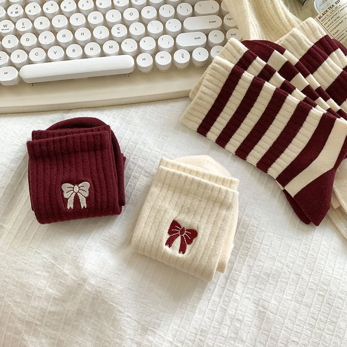 womens-cherry-color-trendy-striped-autumn-and-winter-new-mid-tube-socks-ankola-color-versatile-socks