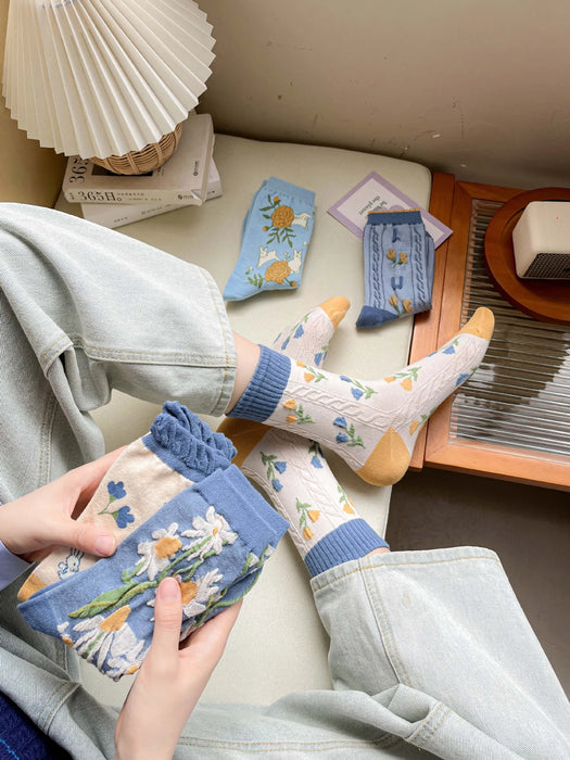 Blue Women Cartoon Print  Socks