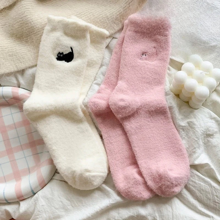 1/3P Cute Cat Mink Fleece Super Soft Socks for Women
