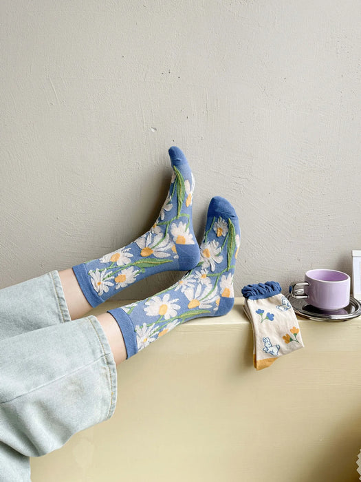 Blue Women Cartoon Print  Socks