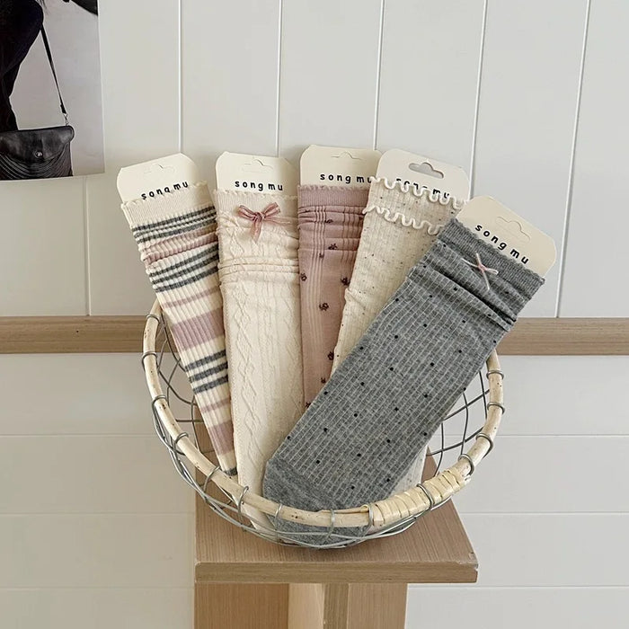 1/5 Pairs Women Flower Edge Bow Mid Tube Socks