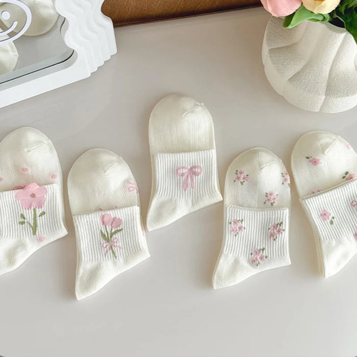 5/10 Pairs Women Bow Print Mid Tube Socks