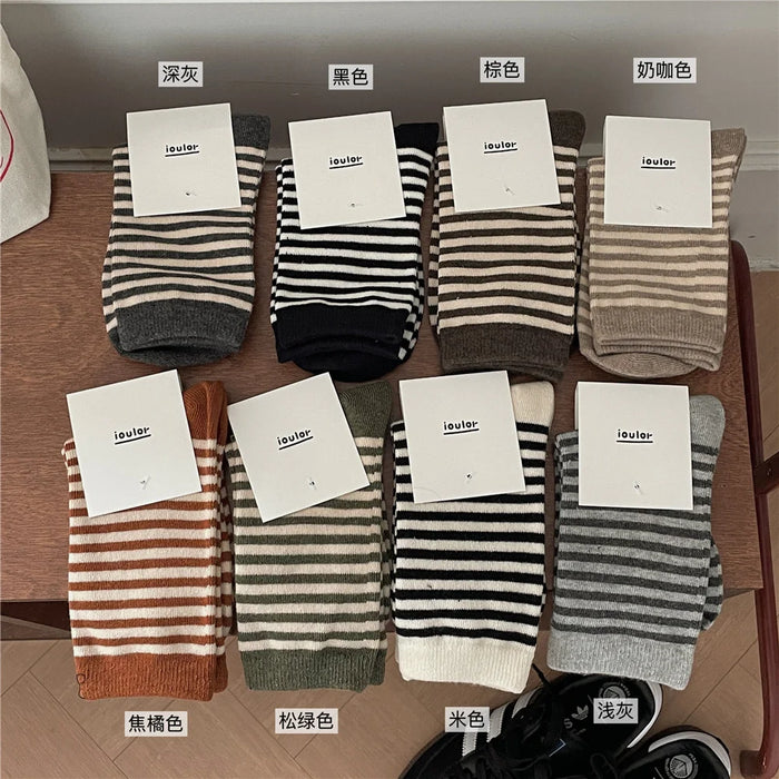 Striped Cotton Socks Women’s Breathable Middle Tube Socks