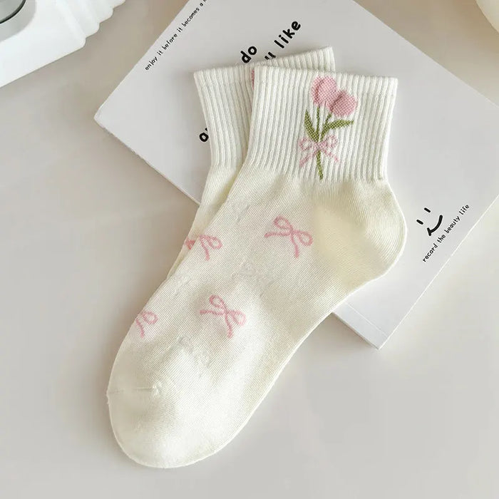 5/10 Pairs Women Bow Print Mid Tube Socks