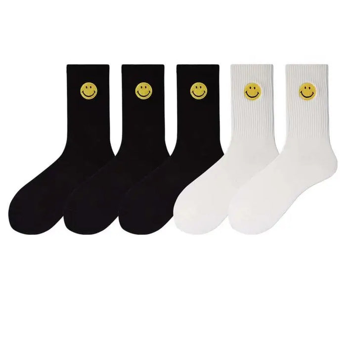 solid-color-medium-tube-socks-for-womens-fresh-smiling-face-pattern-simple-style-comfortable-breathable-girl-socks