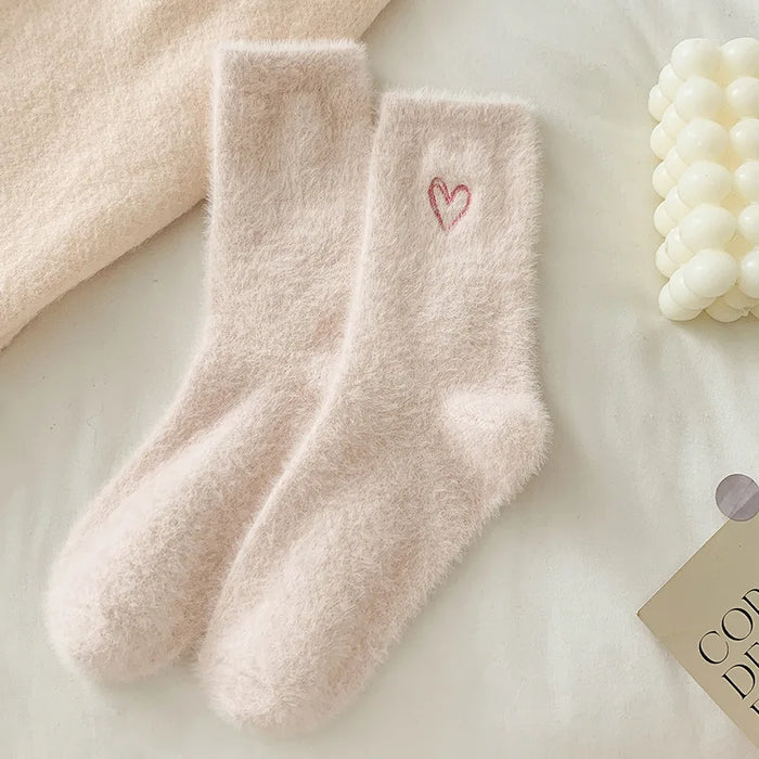 thickened-middle-tube-socks-mink-fur-pink-embroidered-heart-shaped-women-autumn-winter-warm-sleep-home-solid-color-plush-sock