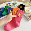 solid-color-medium-tube-socks-for-womens-fresh-smiling-face-pattern-simple-style-comfortable-breathable-girl-socks