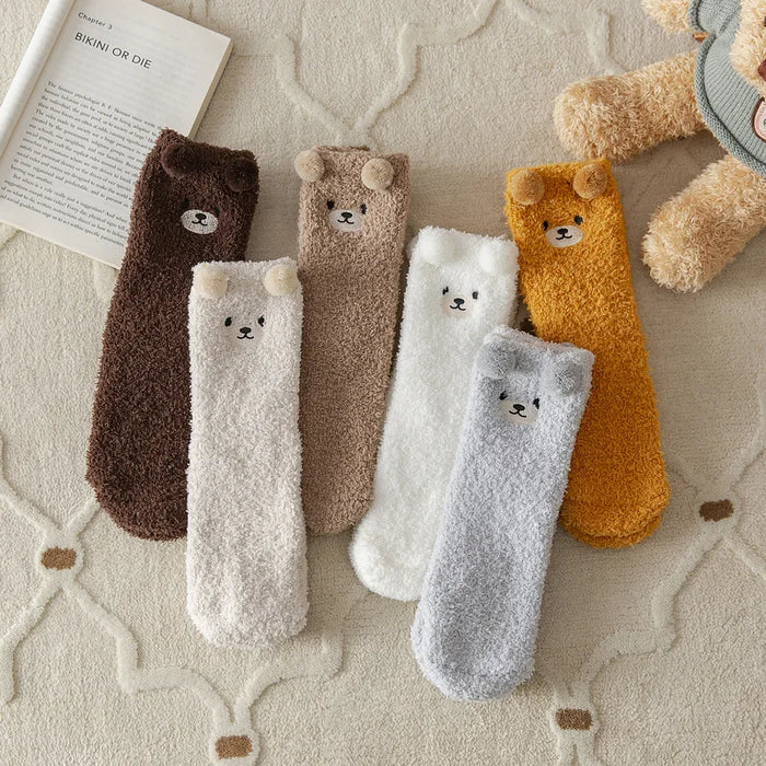 Cute Bear Coral Plush Socks