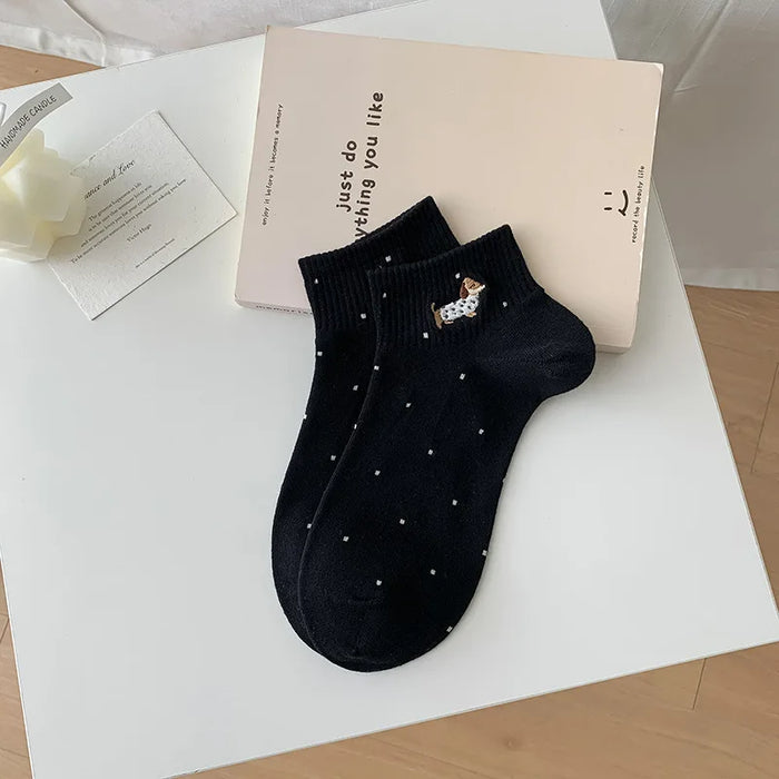 womens-socks-cartoon-dog-embroidery-short-socks-spring-summer-thin-cute-cotton-socks-boneless-sweat-absorbing-wave-point-socks
