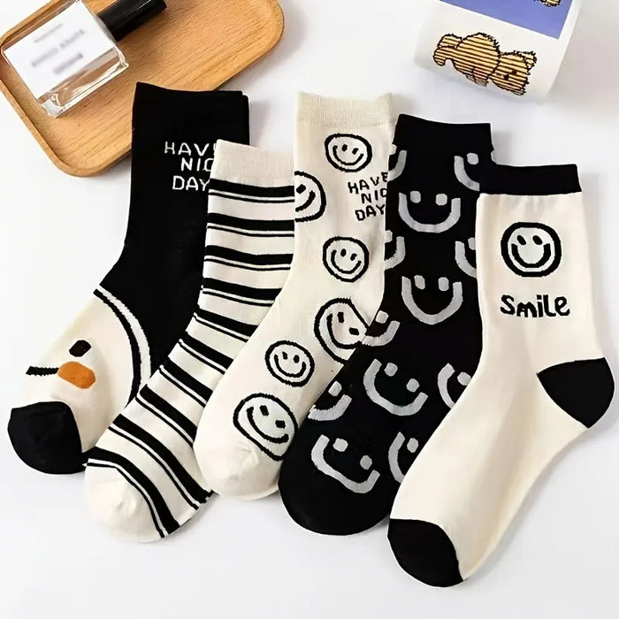 5 Pairs Happy Face Crew Socks