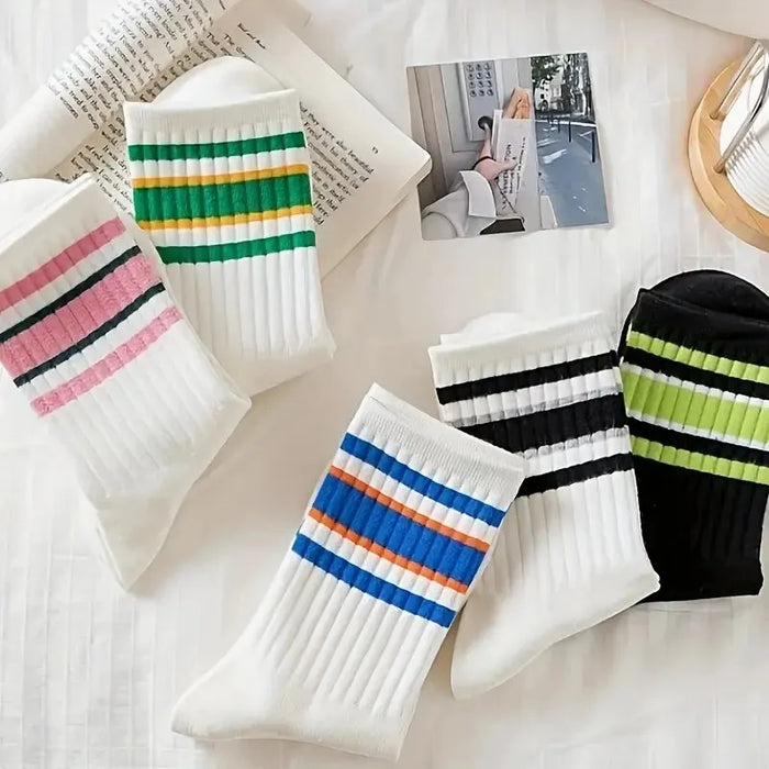 5 Pairs Women's  Simple Colorful Striped Socks