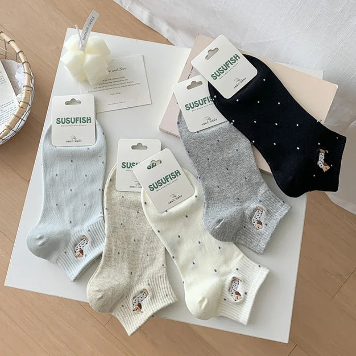 womens-socks-cartoon-dog-embroidery-short-socks-spring-summer-thin-cute-cotton-socks-boneless-sweat-absorbing-wave-point-socks