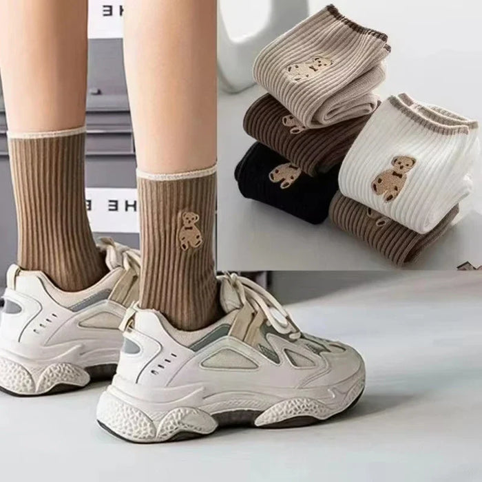 5pairs-lot-cream-womens-korean-version-of-medium-tube-socks-stockings-autumn-and-winter-warm-japanese-versatile-solid-color
