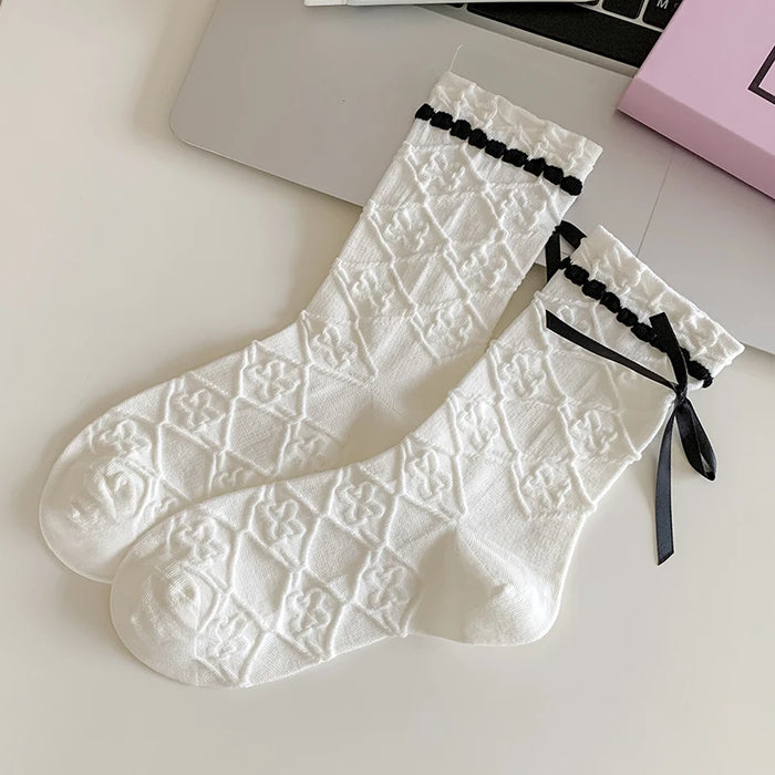 Trendy Sweet Crew Socks Bow Striped