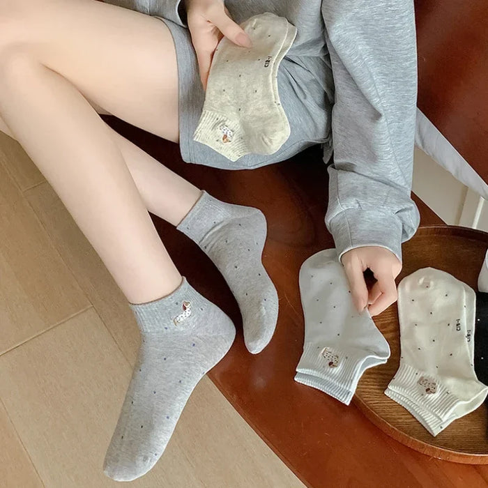 womens-socks-cartoon-dog-embroidery-short-socks-spring-summer-thin-cute-cotton-socks-boneless-sweat-absorbing-wave-point-socks