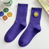 solid-color-medium-tube-socks-for-womens-fresh-smiling-face-pattern-simple-style-comfortable-breathable-girl-socks