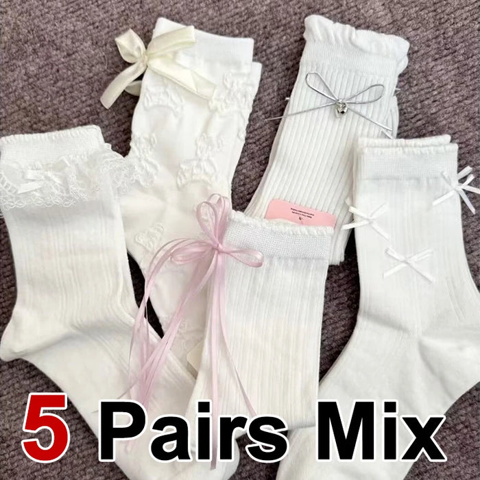5 Pairs Women Flower Edge Bow Mid Tube Socks