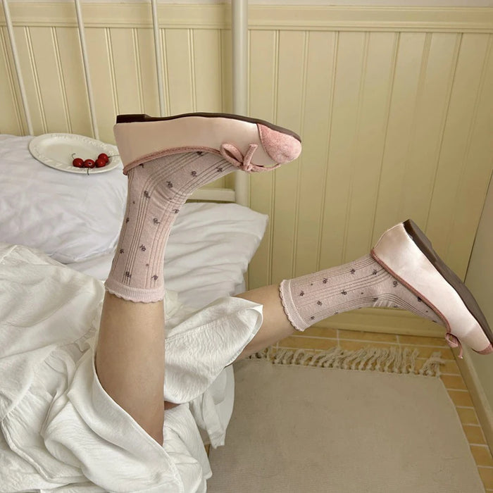 1/5 Pairs Women Flower Edge Bow Mid Tube Socks