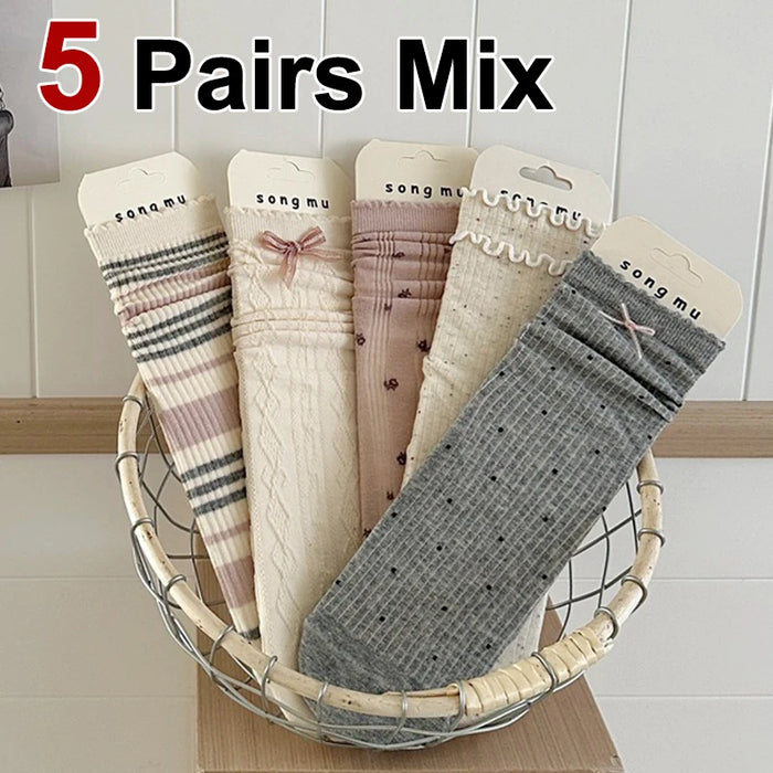 1/5 Pairs Women Flower Edge Bow Mid Tube Socks
