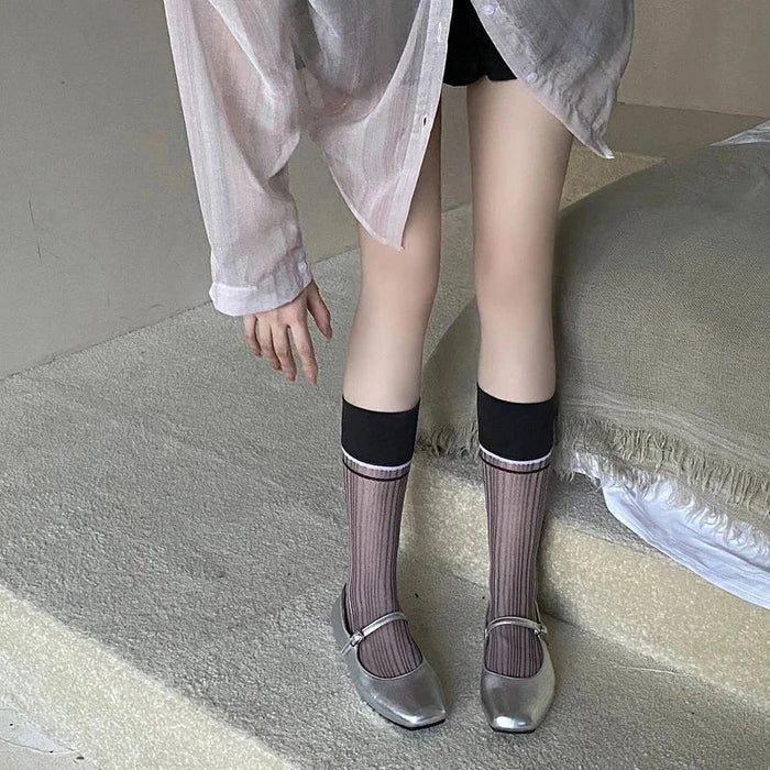 women-ladies-summer-thin-breathable-glass-silk-thin-transparent-striped-socks-middle-tube-design-and-creative-color-blocking-sox