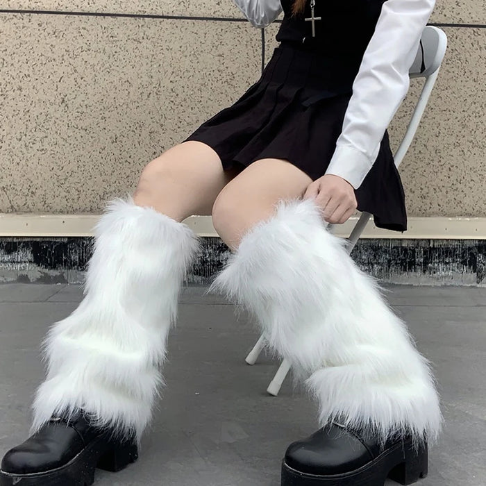 Y2K White Faux Fur Leg Warmers Boot Covers