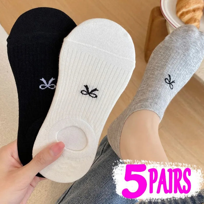 1-5pairs Summer Bowknot  Boat Socks for Women