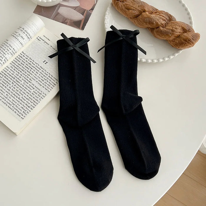 Sweet Bowknot Tied Middle Tube Socks Women Heel Bow Socks