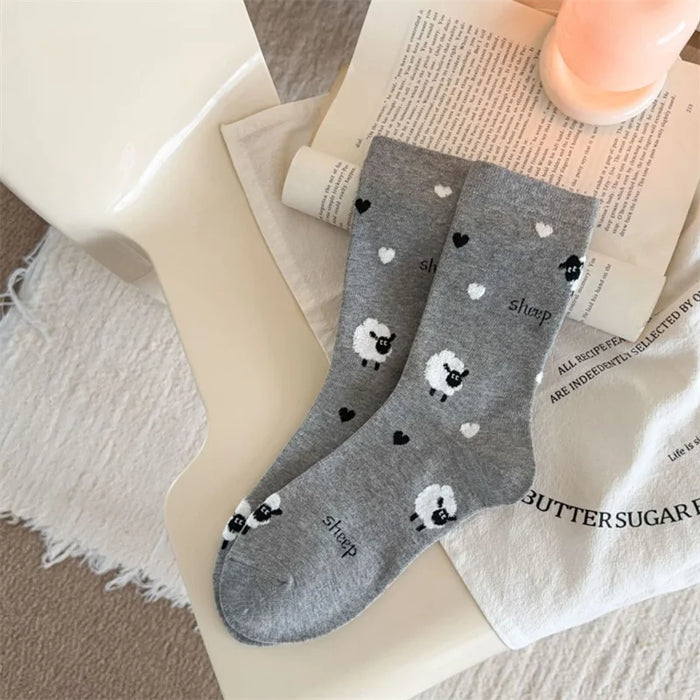 4Pairs/ Lovely Cartoon Sheep Print School Girls Socks