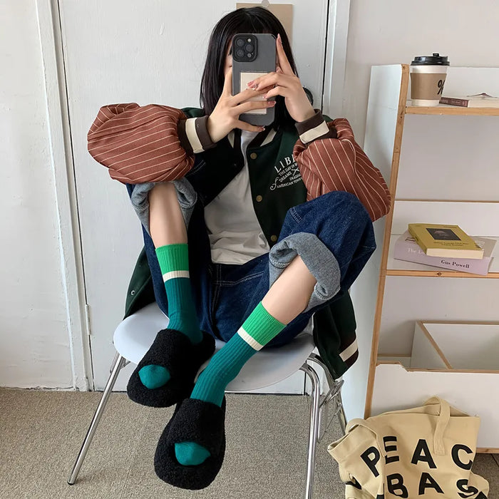 Contrast coloured socks, women's high top pile up socks