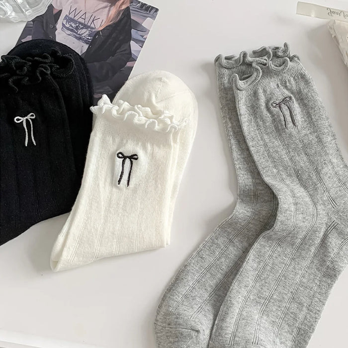 Lace Bow Long Socks Casual Crew Loose Sox Mid-tube Thin Stockings
