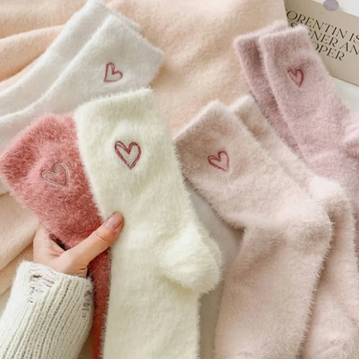 thickened-middle-tube-socks-mink-fur-pink-embroidered-heart-shaped-women-autumn-winter-warm-sleep-home-solid-color-plush-sock