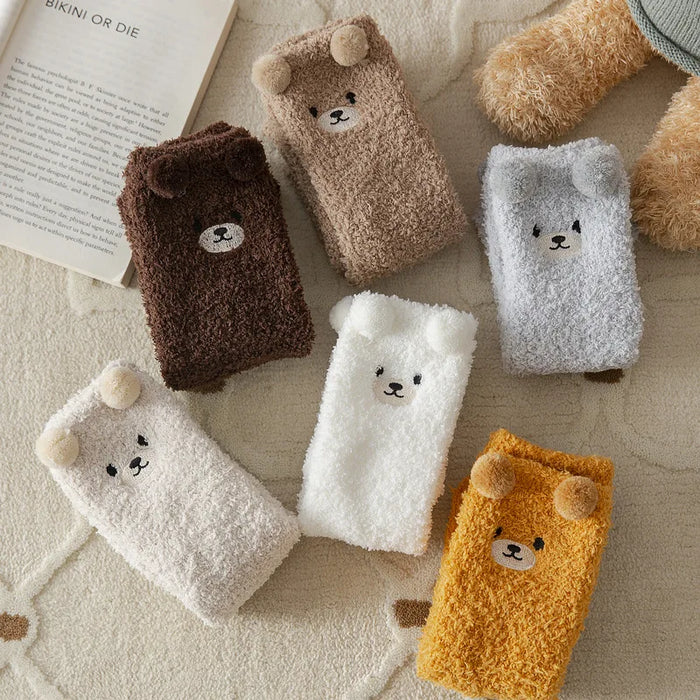 Cute Bear Coral Plush Socks