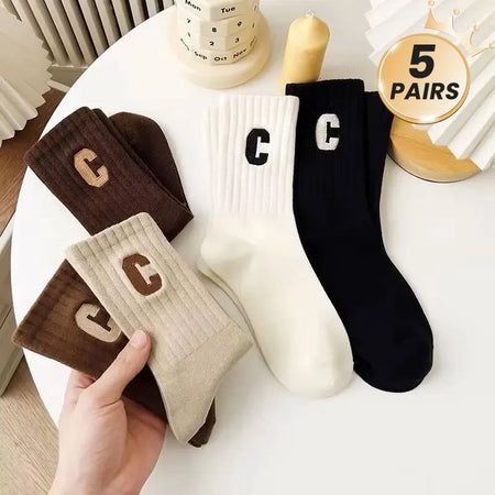 5-pairs-of-womens-c-letter-printed-socks-fashionable-and-versatile-mid-length-socks-casual-and-comfortable-sports-socks