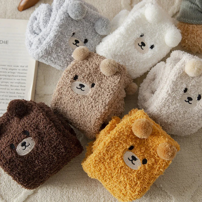 Cute Bear Coral Plush Socks