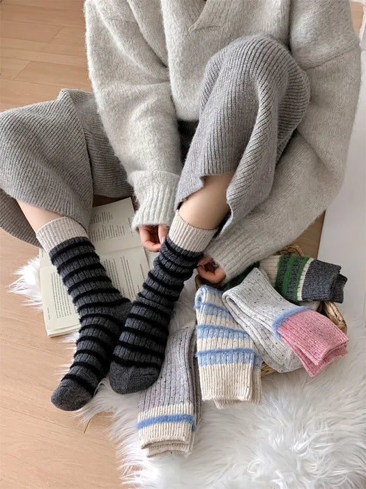 Wool Stripe Designer Socks Middle Tube
