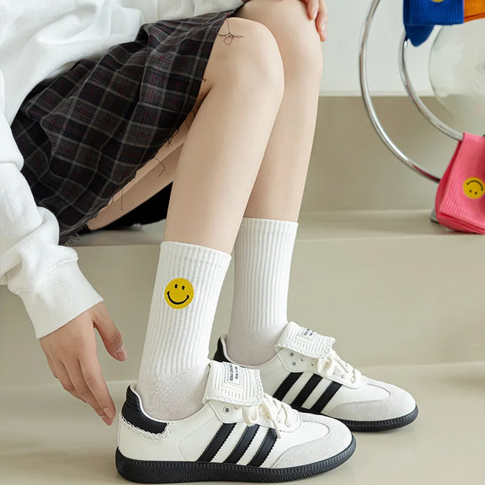 solid-color-medium-tube-socks-for-womens-fresh-smiling-face-pattern-simple-style-comfortable-breathable-girl-socks